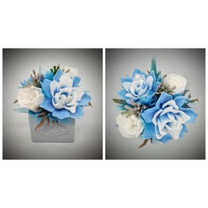 Szappanvirág  csokor - Kék - fehér tulipán-szukulens szappanvirág csokor - kék kocka kaspóban - 1.