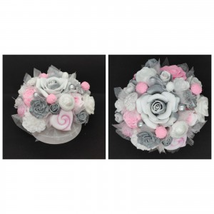 Szappanvirág  csokor - közepes - rózsaszín-fehér-szürke rózsás - kör alakú dobozban