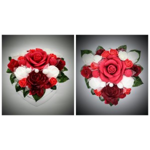 Szappanvirág  csokor - közepes - piros rózsás leveles - szív alakú dobozban