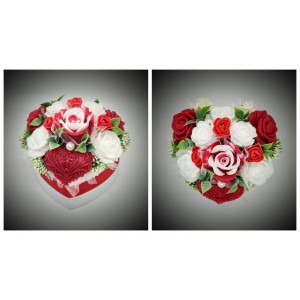 Szappanvirág  csokor - közepes - piros - fehér rózsás - szivecskés - szív alakú dobozban