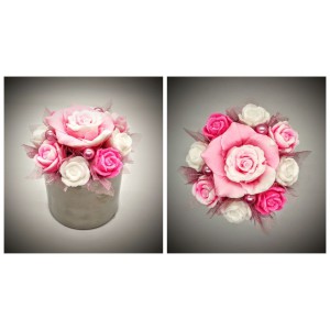 Szappanvirág  csokor - kicsi - rózsaszín rózsa - kis rózsákkal - ezüst kis kaspóban