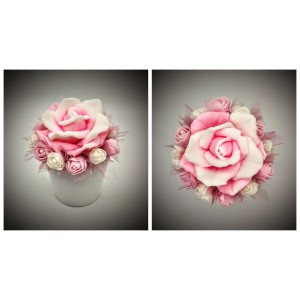Szappanvirág  csokor - kicsi - nagy rózsaszín rózsa - kis habrózsákkal - fehér kis kaspóban