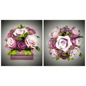 Szappanvirág  csokor - lilás-mályvás rózsacsokor - gyöngyház lila kocka dobozban