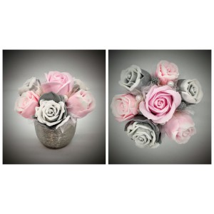 Szappanvirág  csokor - kicsi - rózsaszín-szürke rózsa csokor - ezüst kis kaspóban