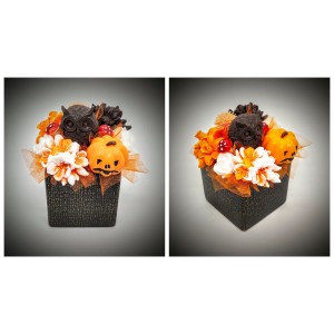 Szappanvirág  csokor - barna bagollyal 1 - halloween csokor - fekete kocka kaspóban
