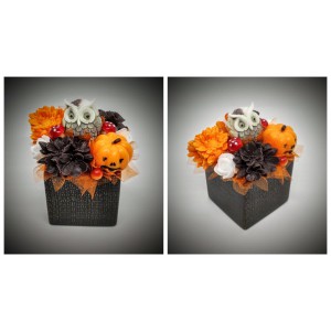 Szappanvirág  csokor - fehér bagollyal 2 - halloween csokor - fekete kocka kaspóban