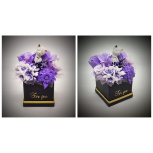 Szappanvirág  lila csokor - cicás - fekete dobozban
