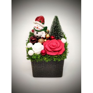 Szappanvirág  csokor - karácsonyi - hóemberrel - fekete kaspóban 2.