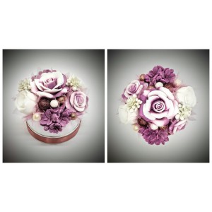 Szappanvirág  csokor - lilás-mályvás rózsacsokor - fehér kör dobozban - szalaggal