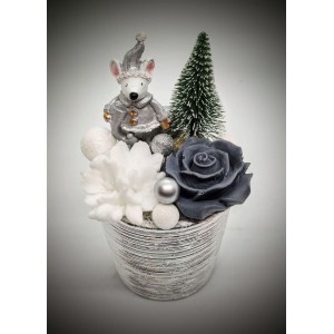 Szappanvirág  csokor - karácsonyi - ezüst egérkével - ezüst kis kaspóban 2.
