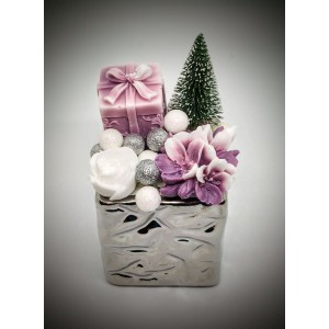 Szappanvirág - karácsonyi - lilás ajándék dobozzal - virággal - ezüst színű kocka kaspóban