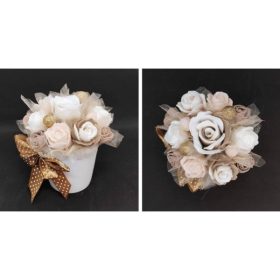   Szappanvirág  csokor - kicsi - barna - masnis kis fehér kaspóban