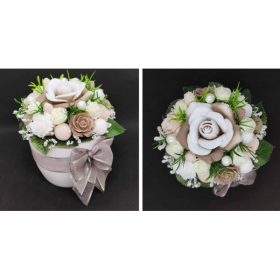   Szappanvirág  csokor - barna - masnis fehér színű kaspóban