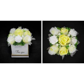 Szappanvirág  csokor - kicsi - sárga rózsás - dobozban