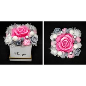   Szappanvirág  csokor - kicsi - rózsaszín - szürke rózsás - dobozban