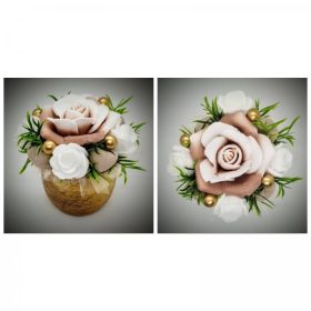   Szappanvirág  csokor - kicsi - barna nagy rózsával - kis arany kaspóban