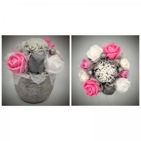   Szappanvirág  csokor - kicsi - szürke - baglyos- kis ezüst kaspóban