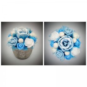   Szappanvirág  csokor - kicsi - világoskék - tulipános - kis ezüst kaspóban