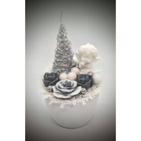   Szappanvirág - angyalka - ezüst fenyővel - fehér kaspóban