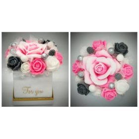   Szappanvirág  csokor - kicsi - rózsaszín - szürke - dobozban