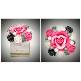   Szappanvirág  csokor - kicsi - rózsaszín - szürke - dobozban