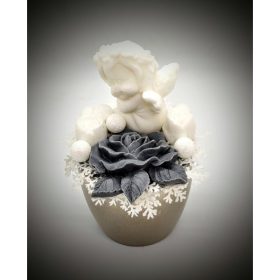   Szappanvirág angyalka - szürke rózsával - pezsgő színű kis kaspóban