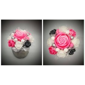   Szappanvirág  csokor - kicsi - rózsaszín-szürke-fehér rózsás - kis ezüst kaspóban