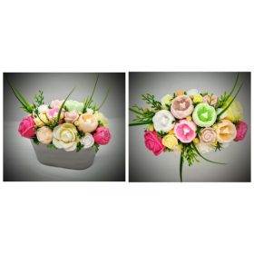   Szappan virág csokor - közepes - tavaszi csokor - ovális - tükörfényű ezüst kaspóban