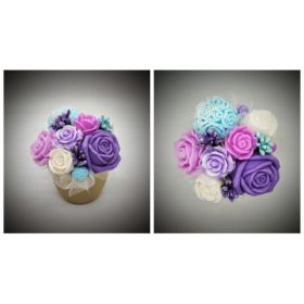   Szappanvirág  csokor - kicsi - lila vegyes rózsa - arany kis kaspóban