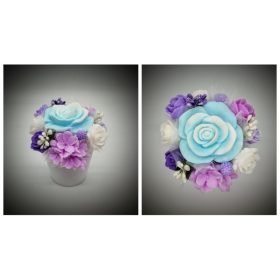   Szappanvirág  csokor - kicsi - lila vegyes rózsa - fehér kis kaspóban