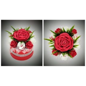   Szappanvirág  csokor - piros nagy rózsás - piros kör alakú dobozban - strassz díszítéssel