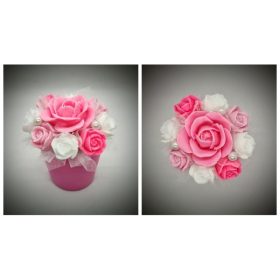   Szappanvirág  csokor - kicsi - rózsaszín rózsával - kis rózsaszín kaspóban