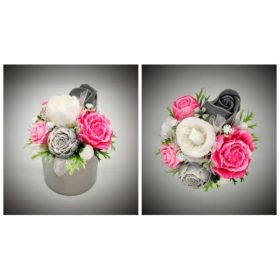   Szappanvirág  csokor - kicsi - szürke-rózsaszín - fehér tulipánnal - ezüst kis kaspóban