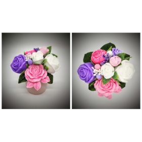   Szappanvirág  csokor - kicsi - rózsaszín -lila - rózsaszín leveles rózsával - kis rózsaszín kaspóban