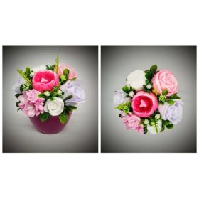   Szappanvirág  csokor - kicsi - rózsaszín-fehér - rózsaszín tulipánnal  - kis fukszia kaspóban