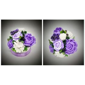   Szappanvirág csokor - kicsi - lila bazsarózsás - kör dobozban - lila szalaggal