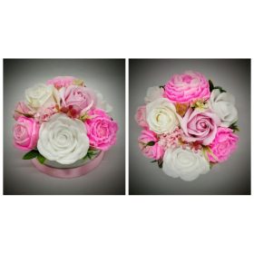   Szappanvirág - rózsaszín-fehér szappancsokor - kör alakú doboban - rózsaszín szalaggal