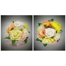   Szappanvirág - sárga-barack szappancsokor - kör alakú doboban - barack szalaggal