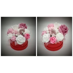 Szappanvirág csokor - flamingós - piros kör dobozban