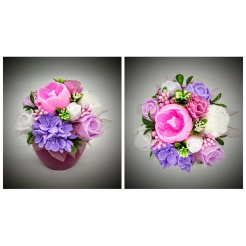 Szappanvirág  csokor - kicsi - lila-fehér - pink tulipánnal  - kis fukszia kaspóban