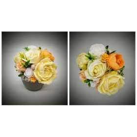   Szappanvirág  csokor - kicsi - sárga bazsarózsás - sárga rózsával - pezsgő kaspóban