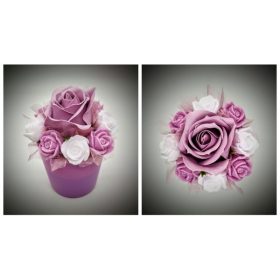   Szappanvirág  csokor - kicsi - lila rózsával - kis lila kaspóban