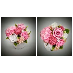   Szappanvirág  csokor - rózsaszín hortenziás-rózsaszín tulipánnal - fehér kaspóban