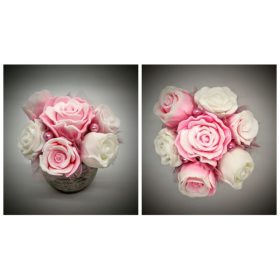   Szappanvirág  csokor - kicsi - rózsaszín-fehér  csokor - ezüst kis kaspóban