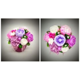   Szappanvirág  csokor - kicsi - pink - lila tulipánnal  - kis fukszia kaspóban