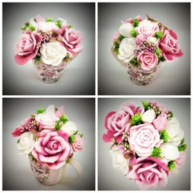   Szappanvirág  csokor - rózsaszín rózsacsokor - rózsás bögrében