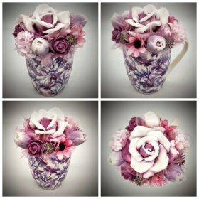   Szappanvirág  csokor - lilás-mályvás csokor - lila virágos bögrében