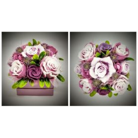   Szappanvirág  csokor - lilás-mályvás rózsacsokor - gyöngyház lila kocka dobozban