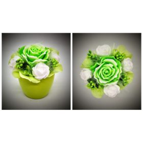   Szappanvirág  csokor - kicsi - zöld csokor - zöld rózsával - zöld kis kaspóban