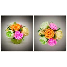   Szappanvirág  csokor - kicsi - vegyes csokor - narancs tulipánnal - zöld kaspóban